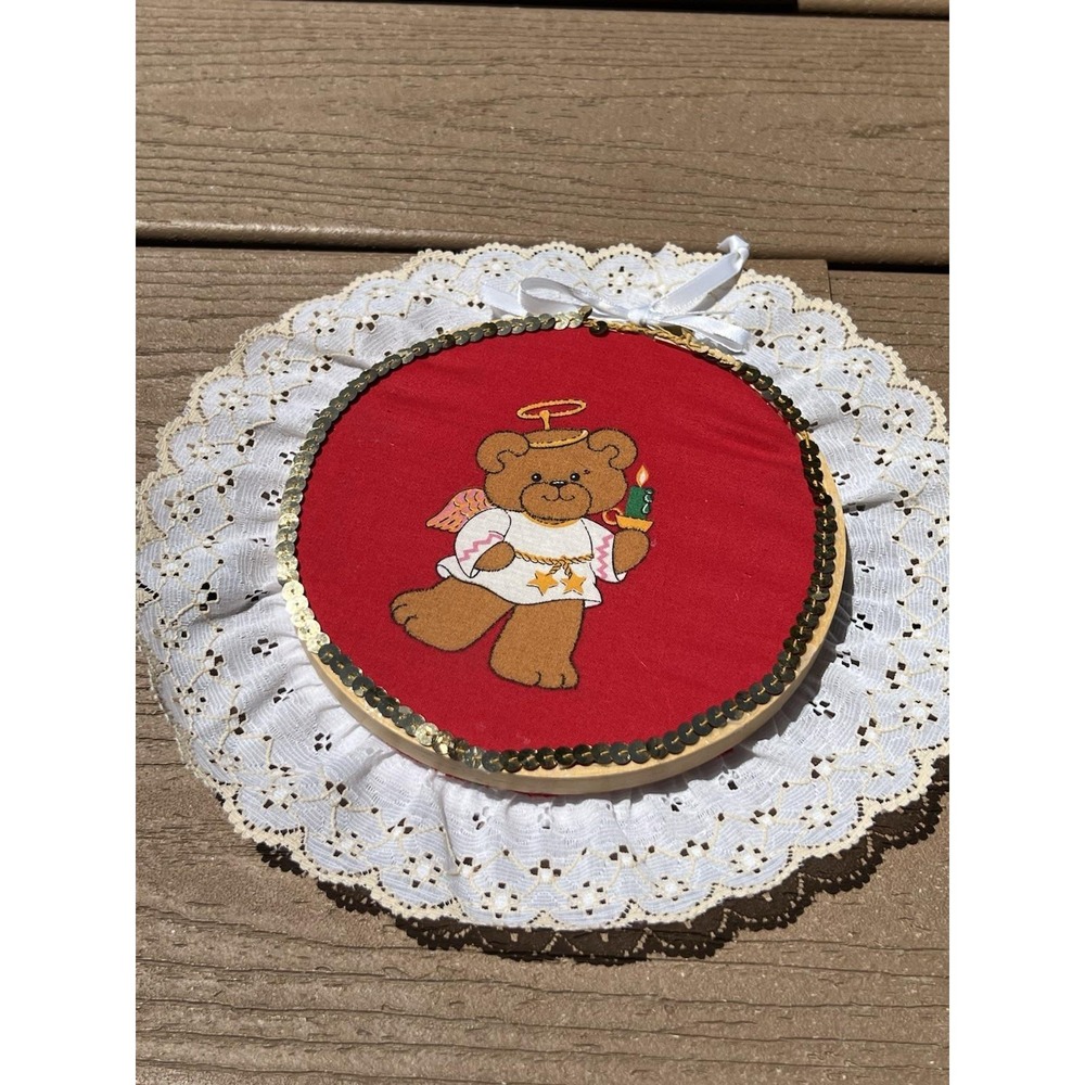 Christmas Teddy Bear Hoop Wall Hanging Art Handmade Vintage‎ Decor Sequins Round